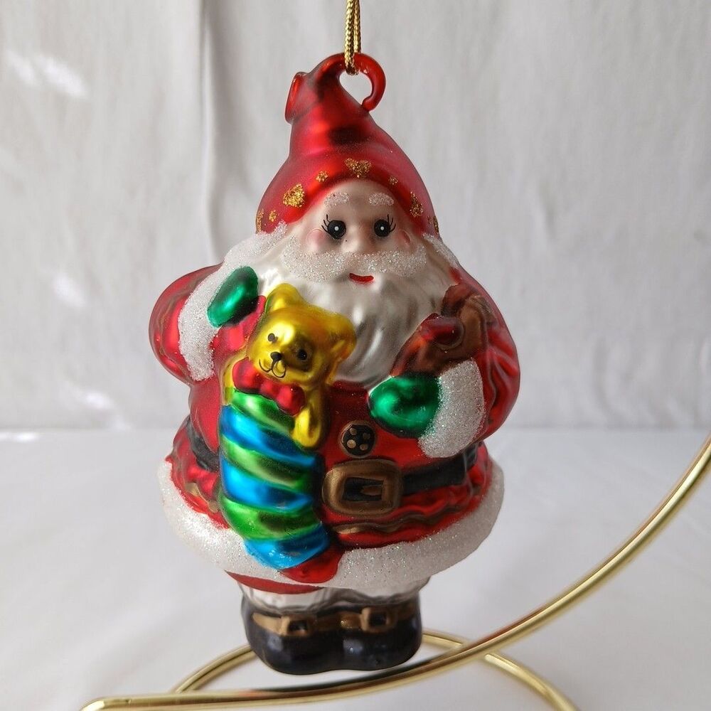 Kurt Adler Ornament Blown Mercury Glass Santa with Sugar Coated Stocking